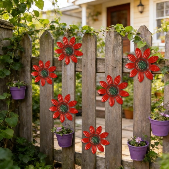 Outdoor Garden Iron Daisy Wall Hanging Decorative Metal Flower Art Creative Horticultural Wall Decor Hand Cut Multicolor Waterproof for Courtyard Balcony Fence Gift