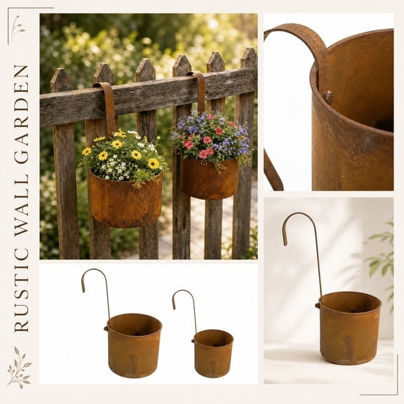 Outdoor and Garden, Medium Rustic Metal Wall Hanging Planter, Copper Toned Hanging Plant Pot, Outdoor Hanging Decor, Plant Holder for Fence Railing Wall Mount, Medium Size Metal