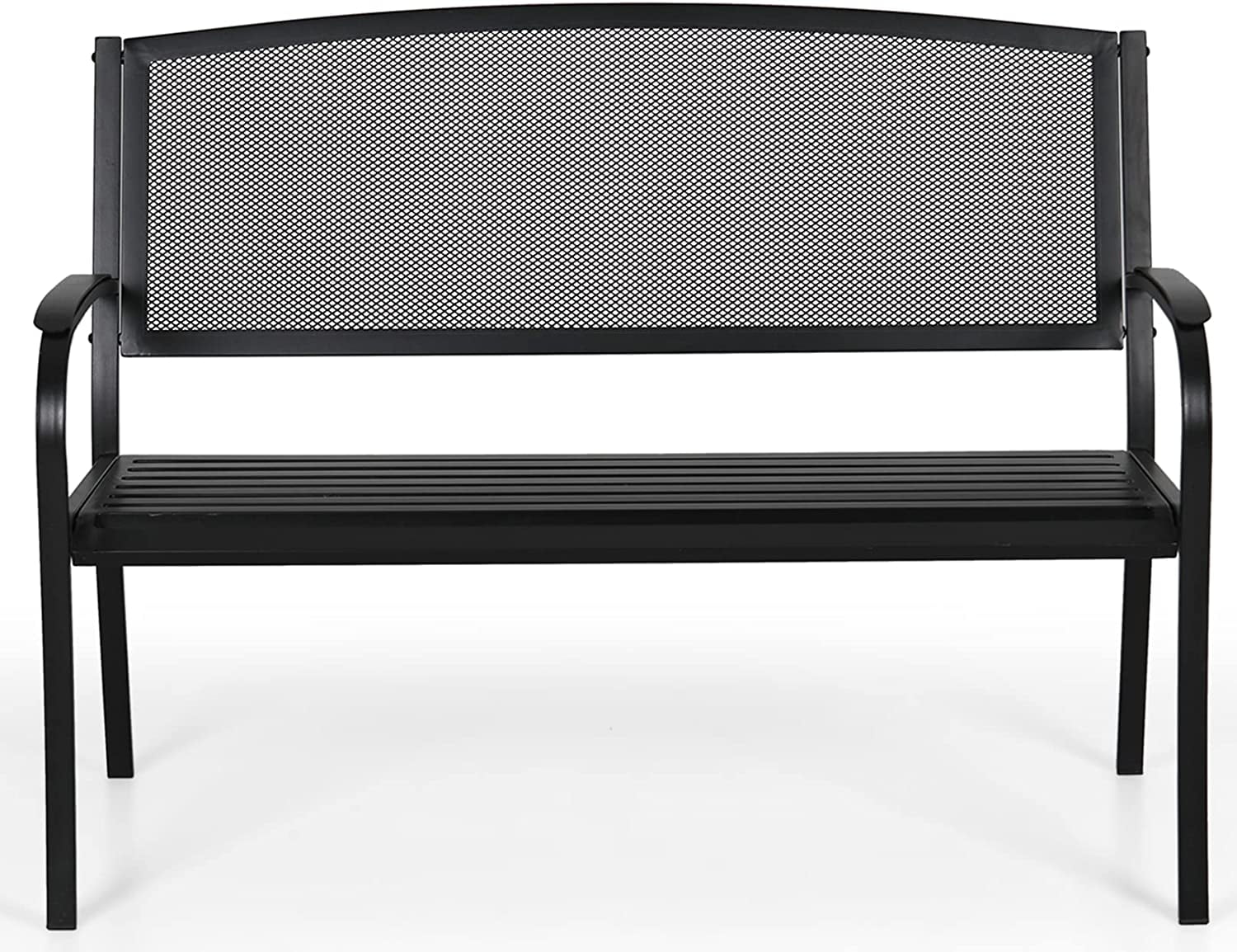 Outdoor Garden Metal Bench with Grid Backrest&Widened Armrest for Porch