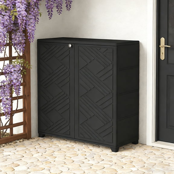 Outdoor Garden Patio Resin Storage Cabinet Furniture Waterproof Tool Shed with Potting Benches Outdoor Work Station Table Organization (Black, 34.19"x33.44"x15.05")