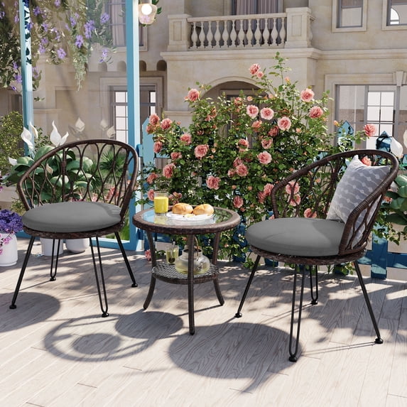 3-Piece Outdoor Furniture Sectional Sofa Set,Patio PE Wicker Conversation Sets with Beige Cushions,Top Glass,Lounge Chair for Garden, Deck, Poolside