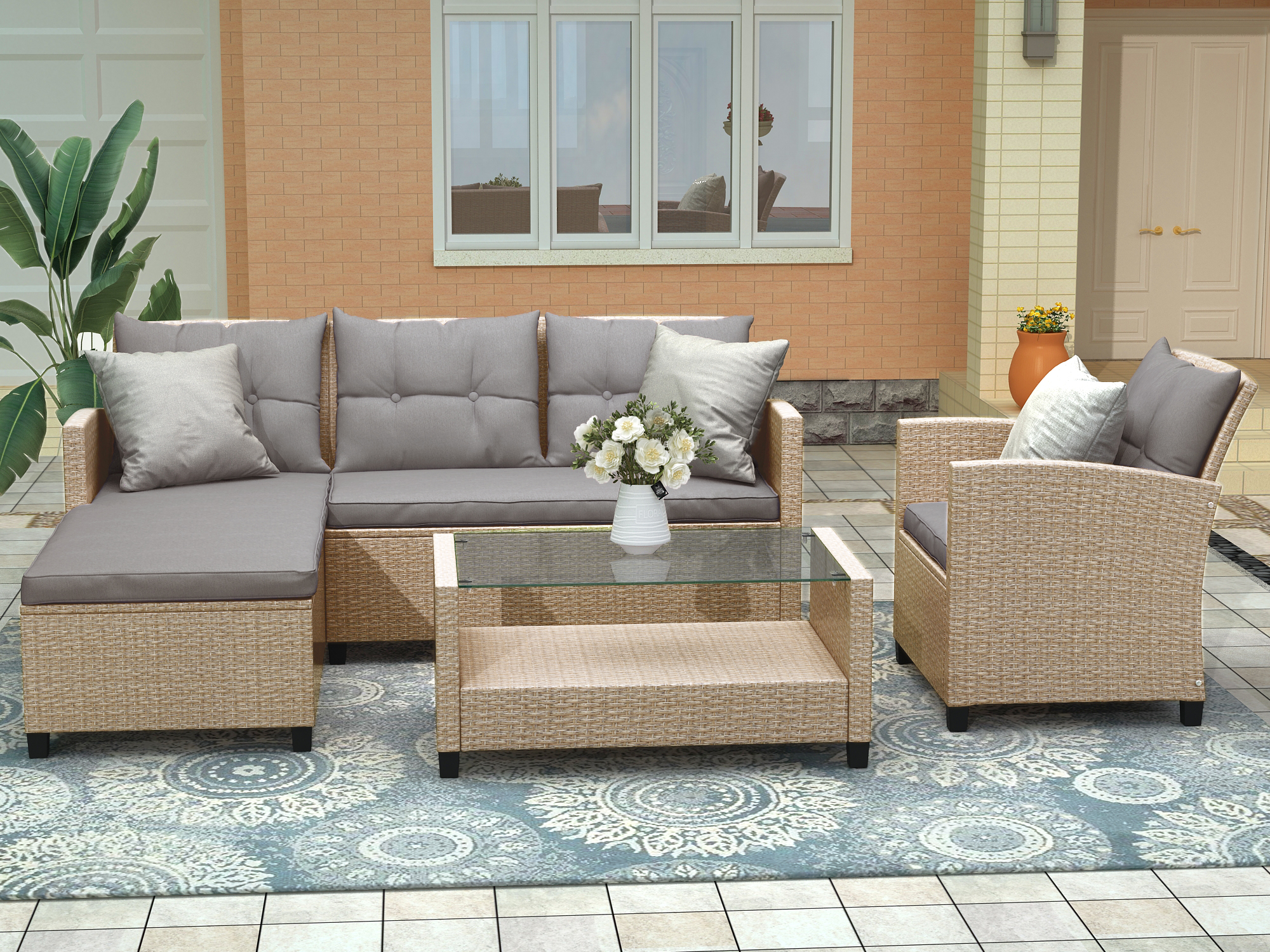 Outdoor Garden Patio Sectional Sofa Sets, SEGMART 4 Pieces Modern Wicker Furniture Set with Storage Tempered Glass Coffee Table, Armchair, Conversation Sets for Porch Poolside Backyard, S1497 - image 1 of 9