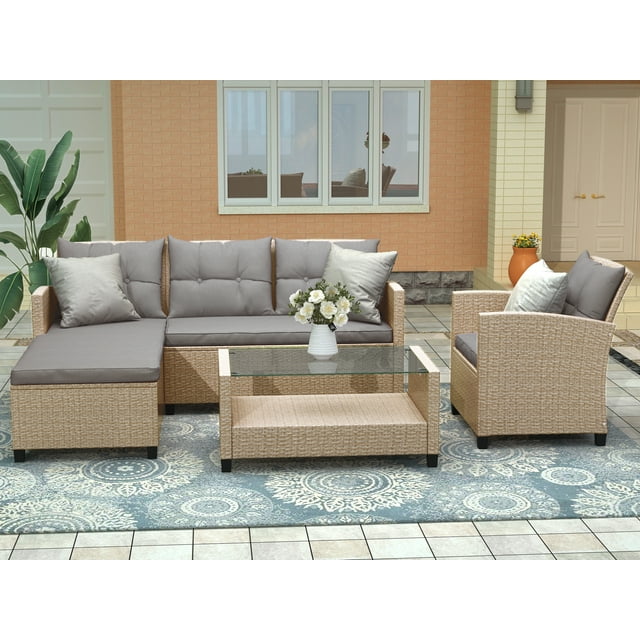 Outdoor Garden Patio Sectional Sofa Sets, SEGMART 4 Pieces Modern Wicker Furniture Set with Storage Tempered Glass Coffee Table, Armchair, Conversation Sets for Porch Poolside Backyard, S1497