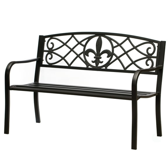 Outdoor Garden Patio Steel Park Bench Lawn Decor with Cast Iron Unique Design Back, Black Seating Bench for Yard, Patio,