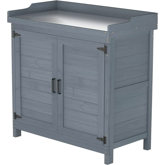 Outdoor Garden Patio Wooden Storage Cabinet Furniture Waterproof Tool Shed with Potting Benches Outdoor Work Station Table (Gray)
