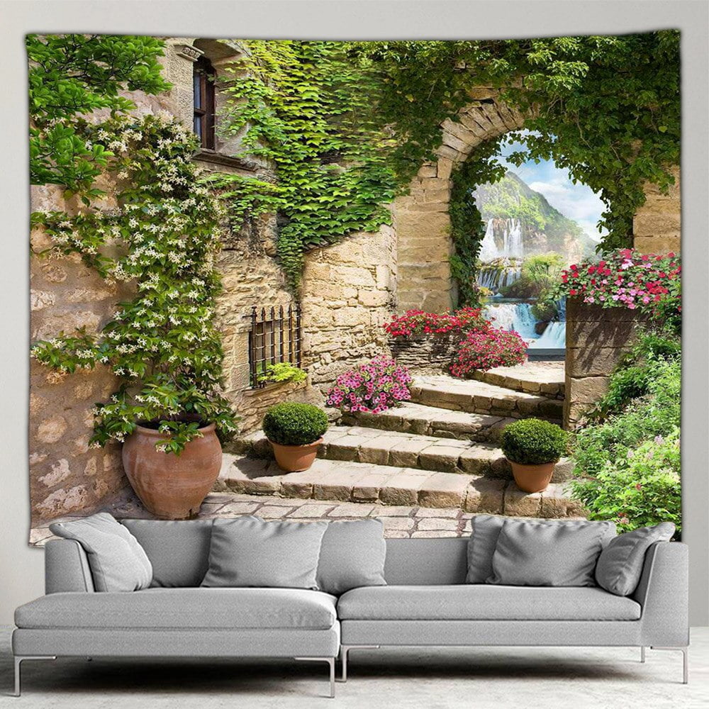 Outdoor Garden Poster Mediterranean Landscape Botanical Flower Tapestry ...