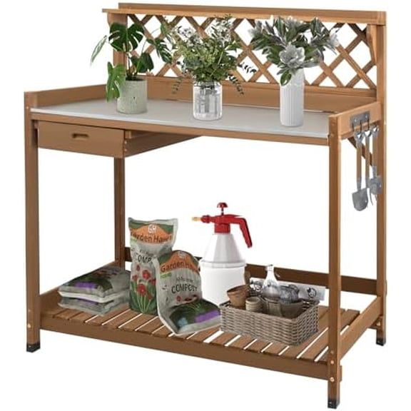 Outdoor Garden Potting Bench with Metal Tabletop, Weatherproof Wooden Potting Table with Metal Hooks, Sliding Drawer, Large Open Storage Shelf, Lattice Back$$Garden & Patio