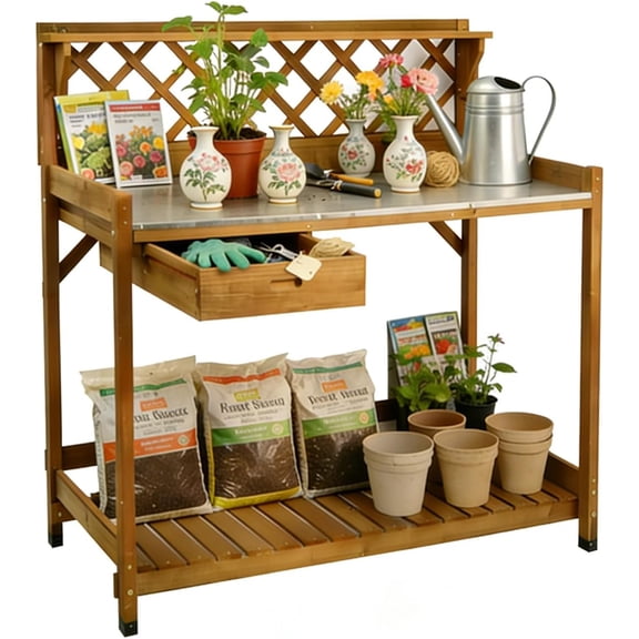 Outdoor Garden Potting Bench with Metal Tabletop, Weatherproof Wooden Potting Table with Metal Hooks, Sliding Drawer, Large Open Storage Shelf, Lattice Back
