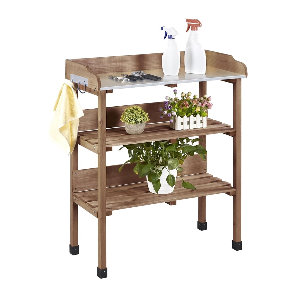Brown Fir Wood Outdoor Potting Bench with Metal Top and Shelves