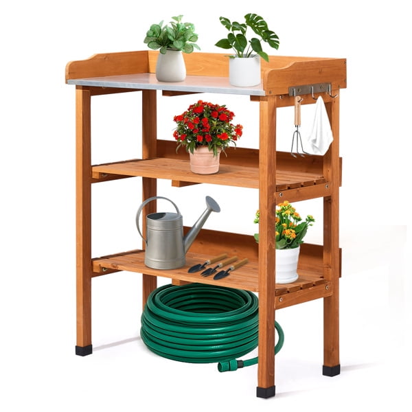 Outdoor Garden Potting Bench Table, Wooden Horticulture Planting Worstation with Metal Tabletop, 2 Storage Shelves, 3 Hooks