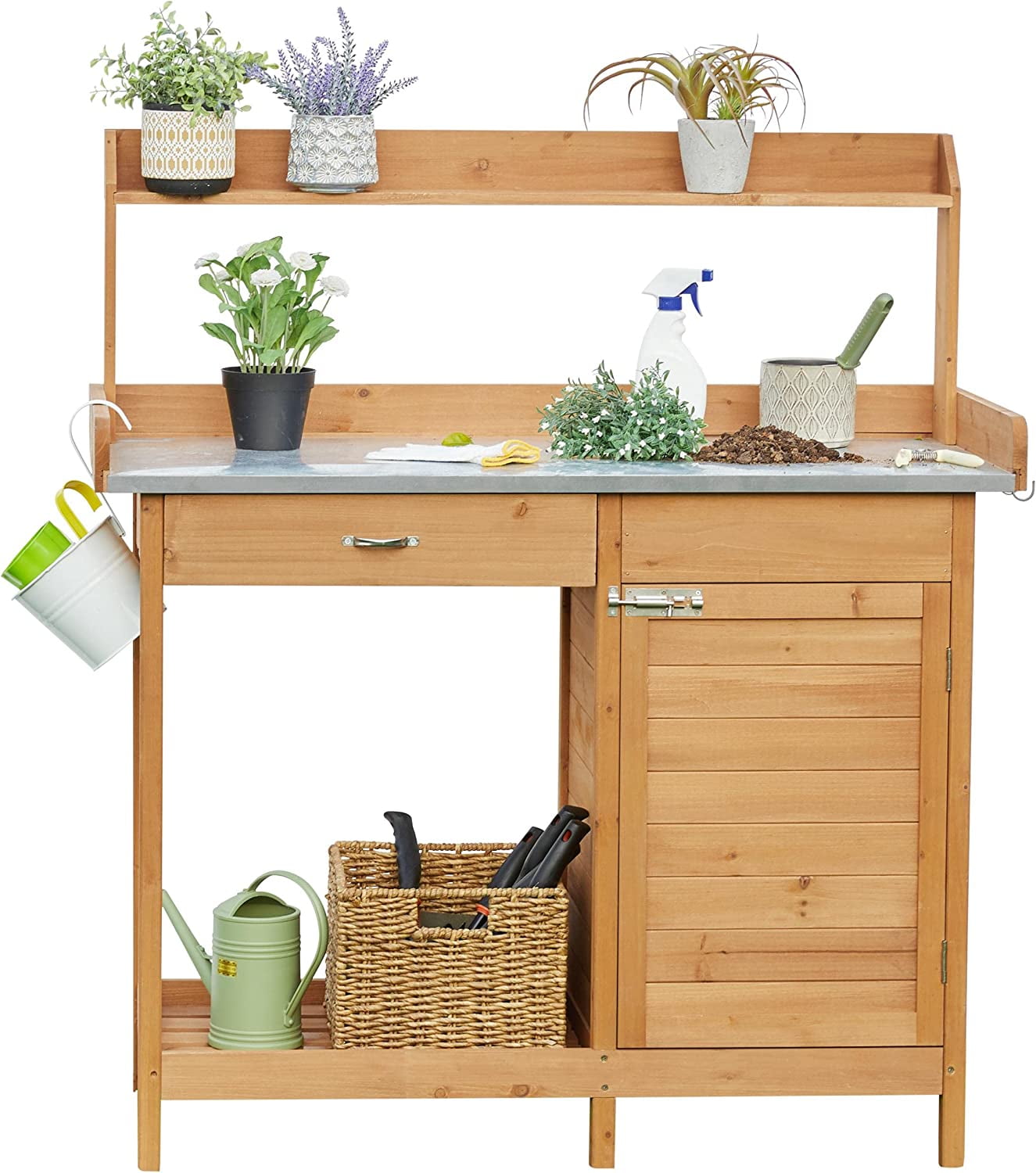 Natural Wood Outdoor Potting Bench with Metal Tabletop and Storage