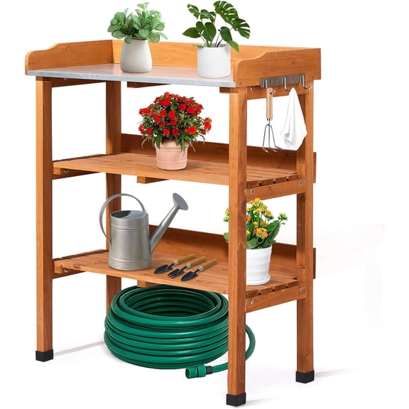 Outdoor Garden Potting Bench Table Work Bench with 2-Tier Storage Shelf, Metal Tabletop, 3 Hooks for Horticulture, Natural Wood