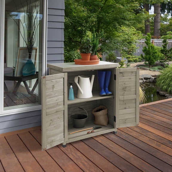 Outdoor Garden Potting Bench with Metal Tabletop and Storage - Wooden Outdoor Garden Patio Bench