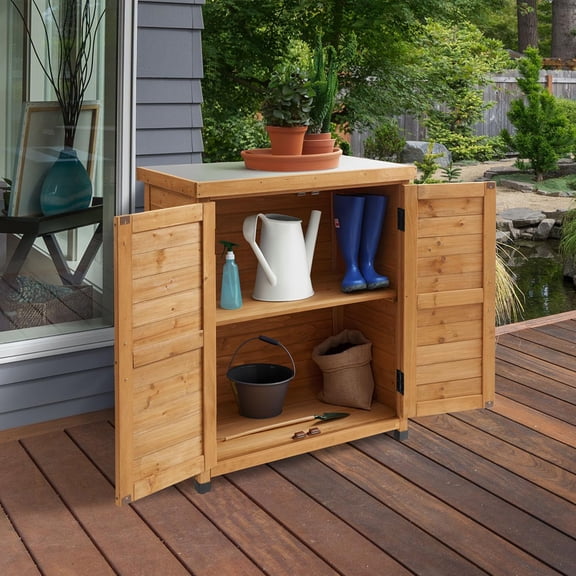 Outdoor Garden Potting Bench with Metal Tabletop and Storage - Wooden Outdoor Garden Patio Bench