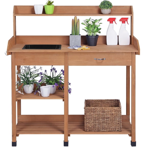 Outdoor Garden Potting Table Work Bench,45.2x17.7x47.6 inches(LxWxH)Potting Benches with Removable Sink,Drawer,Rack,and Shelves for Gardening Work Station,Brown