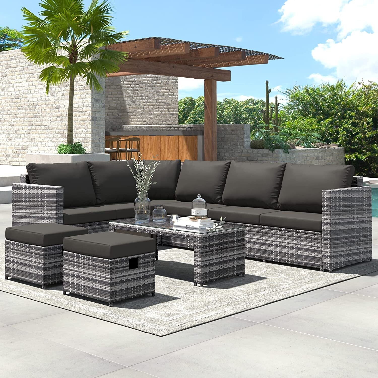 Outdoor Garden Rattan Table and Table Set Dark Gray