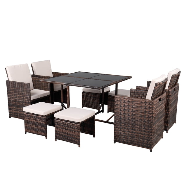 Outdoor Garden Sectional Patio Conversation Set, 9-Piece All-Weather PE Wicker Dining Set with 4 Ottomans, Removable Cushions, Solid Wood Coffee Table for Porch Pool Backyard, 330lbs, S6030