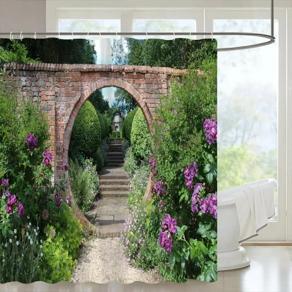Outdoor Garden Shower Curtain Garden Landscape Street Plants Floral Landscape Polyester Fabric Hanging Curtains Bathroom Decor
