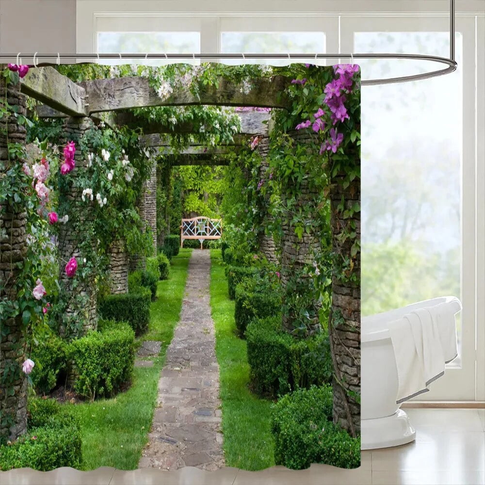 Outdoor Garden Shower Curtain Garden Landscape Street Plants Floral