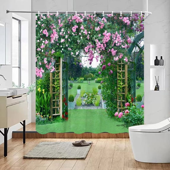 Outdoor Garden Shower Curtain Street Architecture Botanical Floral Vintage Old Fashid Door Rustic Scene Hippie Bathroom r