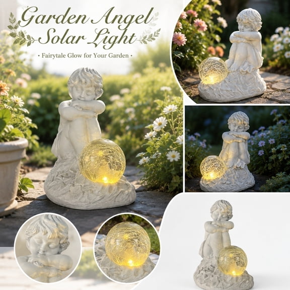Outdoor Garden Solar Lights, Angel Statue Outdoor, Solar Garden Decorations, Yard Art Outdoor and Garden, 6X8X8 Inch Resin Cherub Angel Figurine Garden Decor with Warm White