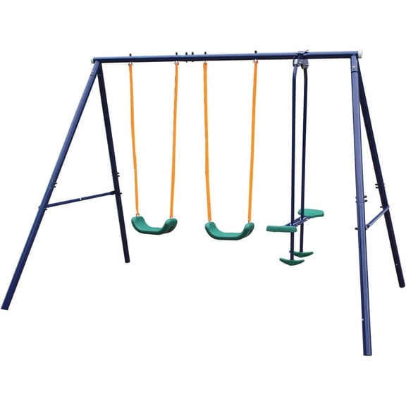 Outdoor Garden Swing Set with Four Seats A-Frame Heavy-Duty Steel with 1 Seesaw and 2 Swings Play Set for Kids