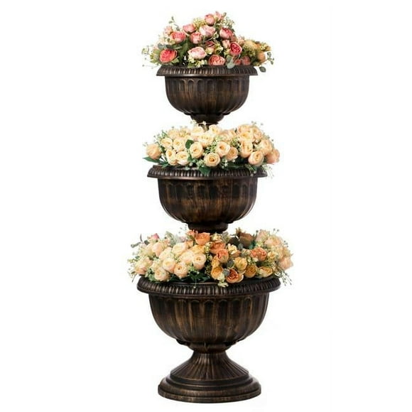 Outdoor Garden Triple Stacked Flower Bowl Urn Tier Planter Decoration, Bronze