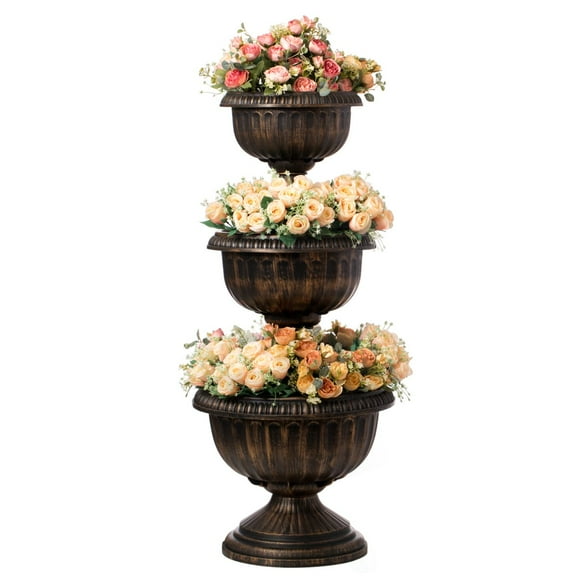 Outdoor Garden Triple Stacked Flower Bowl Urn Tier Planter Decoration, Bronze