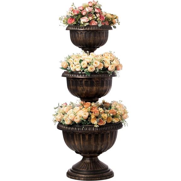Outdoor Garden Triple Stacked Flower Bowl Urn Tier Planter Decoration, Bronze