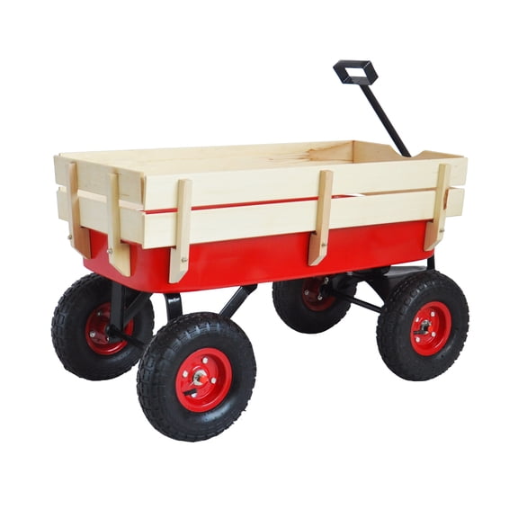 Outdoor Garden Utility Wagon with Wooden Side Panels, Red Metal Pull Cart with 10" Air Tires, 176 lbs All-Terrain Hauling Wagon for Yard, Patio & Outdoor Use