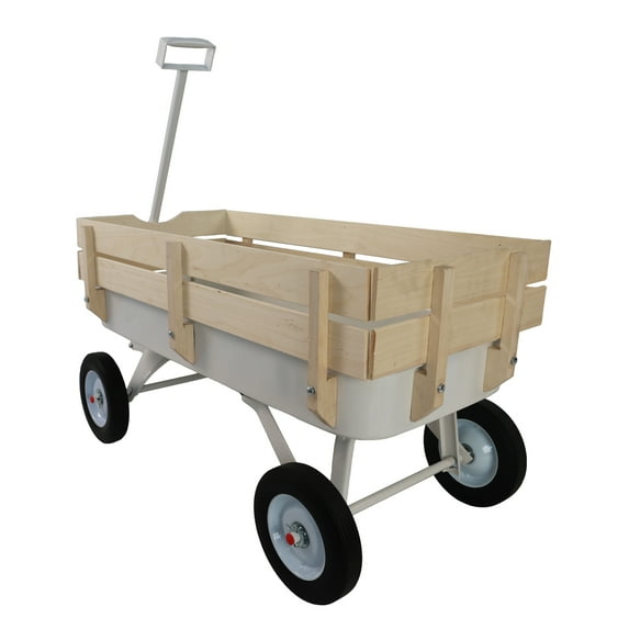 Outdoor Garden Wagon with Wooden Railings, All-Terrain Steel Utility Cart with Solid Tires, 176 lb Capacity, Foldable Handle for Yard & Balcony, White