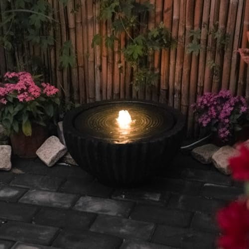 Outdoor Garden Water Fountain Round Bubbler Water Feature with LED Light and Pump, Resin Water Bowl Fountain for Patio, Yard, Deck, Porch or Indoor Decor$$Garden & Patio