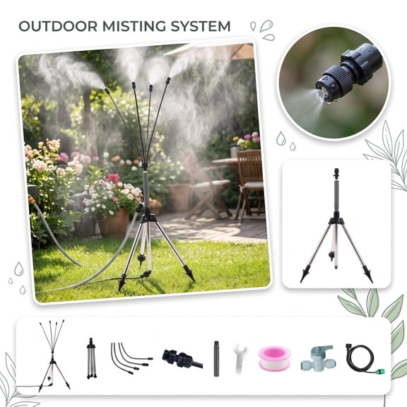 Outdoor and Garden Watering Kit, Stainless Steel Sprinkler Tripod Misting System, Durable Outdoor Cooling Misting Set, Automatic Style Low Pressure Patio Misting System, Height