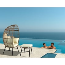 Outdoor Garden Wicker Egg Chair And Footstool Patio Chaise, With Cushions, Outdoor Indoor Basket Chair