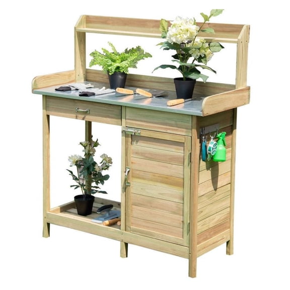 Outdoor Garden Work Station Potting Bench - Fir Wood - 44"x18"x49.5" - Natural Wood Color - Heavy Duty Metal Tabletop - Gardening Worktable