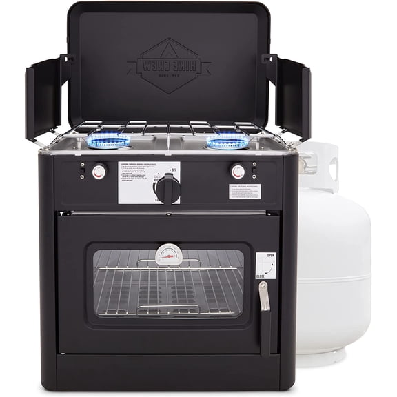 Outdoor Gas Camping Oven w/Carry Bag | CSA Approved Portable Propane-Powered 2-Burner Stove & Auto Ignition, Overheat Safety Shutoff, Built-In Thermometer Hose Regulator Included