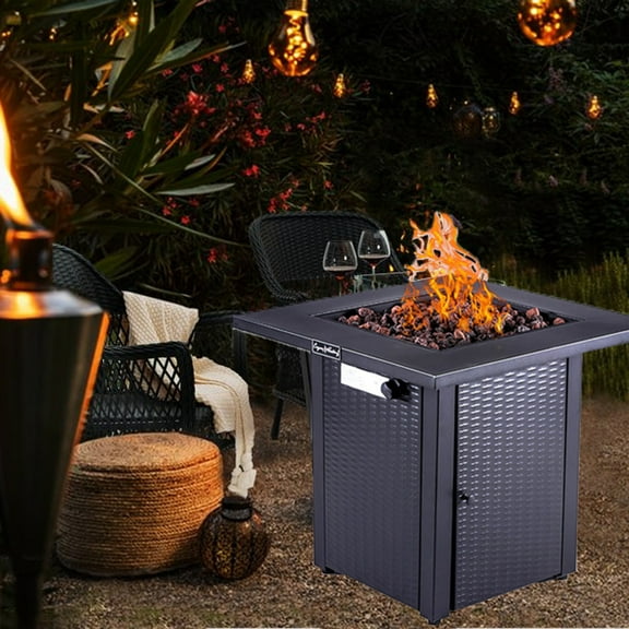 Outdoor Gas Fire Pit Dinning Table, 28in Square Patio Propane Fire Pit with Lid, Wicker-Look