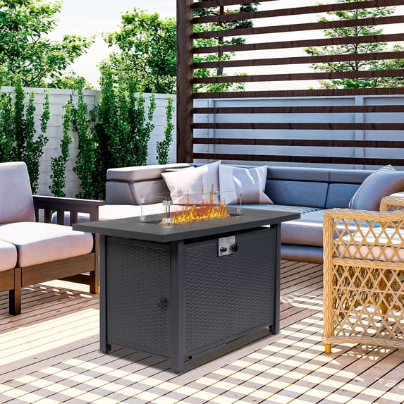 Outdoor Gas Fire Pit, SYNGAR 43.3 inch 50,000 BTU Auto-Ignition Propane Fire Pit Table with Glass Wind Guard, Blue Rocks and Lid, 2-in-1 Fire Pit Table for Patio, Garden, Backyard, Poolside, D4622