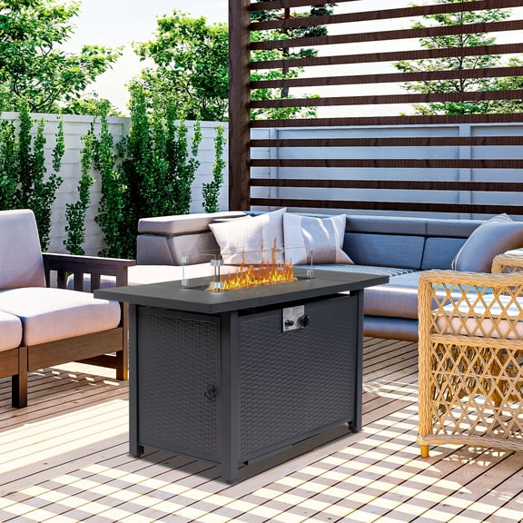 Outdoor Gas Fire Pit, SYNGAR 43.3 inch 50,000 BTU Auto-Ignition Propane Fire Pit Table with Glass Wind Guard, Blue Rocks and Lid, 2-in-1 Fire Pit Table for Patio, Garden, Backyard, Poolside, D4622