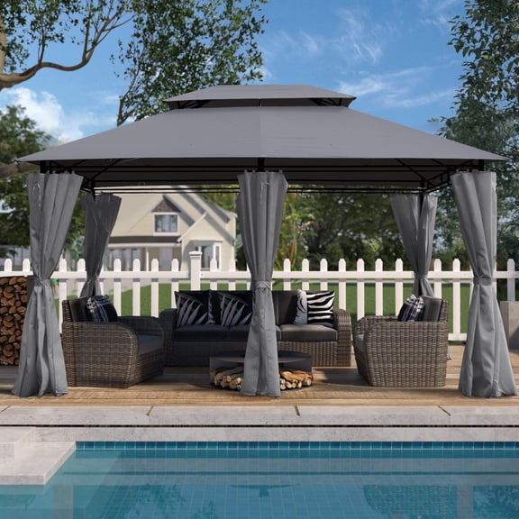 Outdoor Gazebo, 13x10 FT Ventilated Double Roof Shelter for Lawn Garden Backyard, Khaki