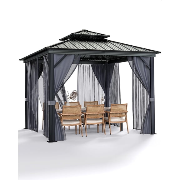 Outdoor Gazebo 8x8 Ft Hardtop, Permanent Pavilion with Aluminum Frame, Double Roof, Mosquito Net & Privacy Curtains. Ideal Canopy Tent for Patio, Garden, Deck.Carpa para Patio for Parties