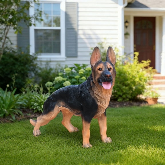 Outdoor German Shepherd Dog Garden Statue, Black Resin Puppy Yard Sculpture