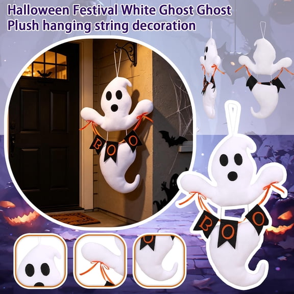 Outdoor Ghost Decorations, White Plush Ghost Hanging Sign with Boo Pennants, Halloween Door Decorations, Cute Halloween Decor, 26X14X4 Inch Soft Filled Hanging Piece for Porch,