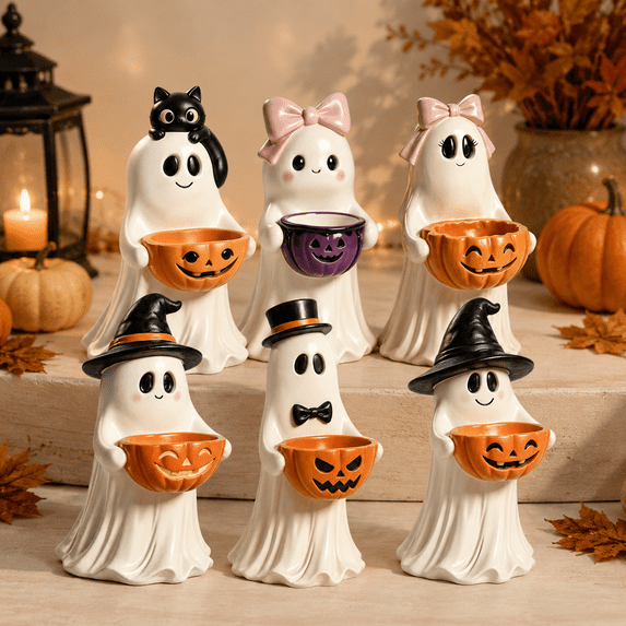 Outdoor Ghost Figurine with Pumpkin Candy Bowl, Halloween Decorations with a Witch Hat & Pumpkin Candy Bowl, 9.8in Pumpkin Treat Holder for Candy Cookies Snacks Trick or Treat Table Decor, F