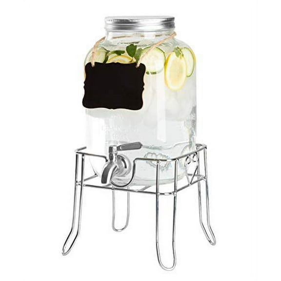 Outdoor Glass Beverage Dispenser with Sturdy Metal Base, Stainless Steel Spigot & Hanging Chalkboard - Drink Dispenser for Lemonade, Tea, Cold Water & More