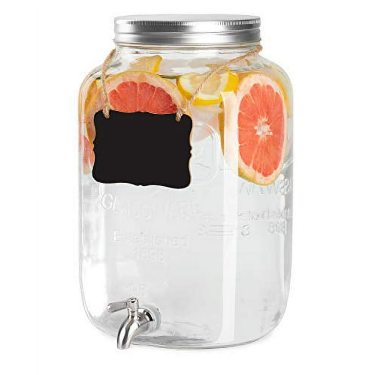 2 Gallon Beverage Serveware with Stainless Steel Spigot + Marker &  Chalkboard 100% Leakproof Glass Drink Dispenser for Parties with Spout,  Airtight