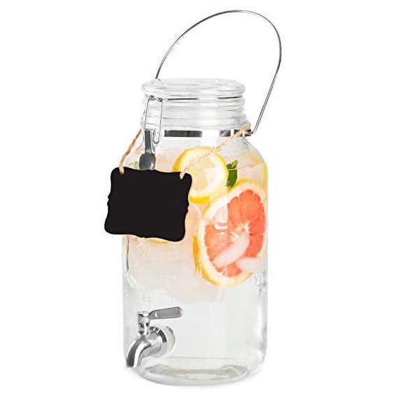 Outdoor Glass Beverage Dispenser with Stainless Steel Spigot, Handle & Hanging Chalkboard - Drink Dispenser for Lemonade, Tea, Cold Water & More