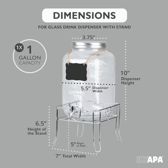 Outdoor Glass Beverage Dispenser with Sturdy Metal Base, Stainless Steel Spigot & Hanging Chalkboard - 1 Gallon Drink Dispenser