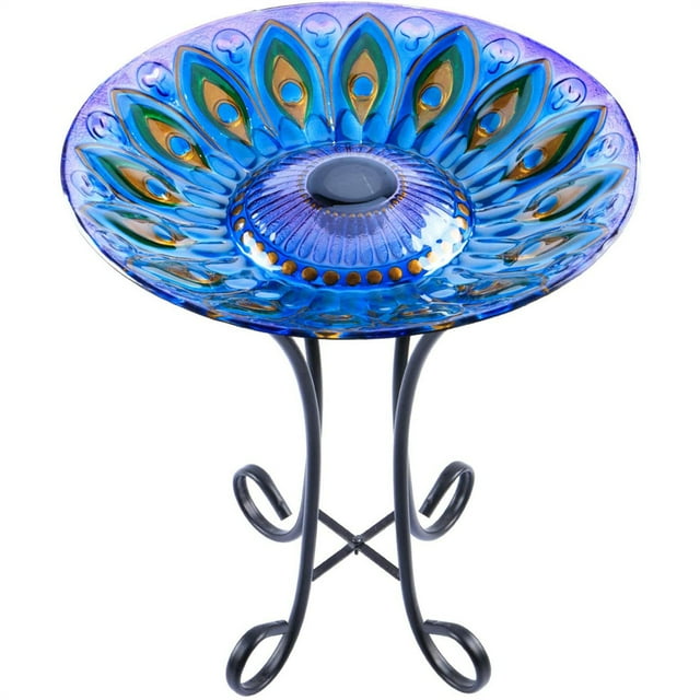 Outdoor Glass Birdbath Solar Birdbaths with Metal Stand for Lawn Yard