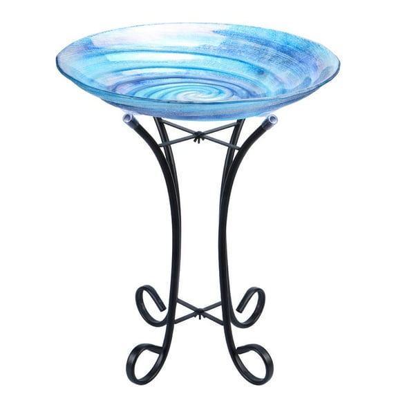 Outdoor Glass Birdbath with Metal Stand for Lawn Yard Garden Decor,18” Dia/21.65 Height